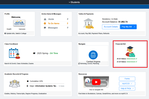 Screenshot of a student's Student Information System page